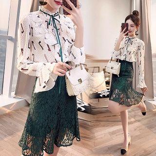Set: Print Ruffle Chiffon Blouse + A-line Lace Skirt