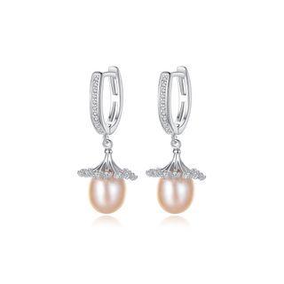 Sterling Silver Elegant Fashion Geometric Pink Freshwater Pearl Earrings With Cubic Zirconia Silver - One Size
