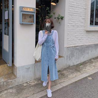 Slit-front Long Denim Jumper Dress One Size