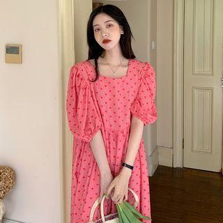 Puff-sleeve Heart Embroidered Midi A-line Dress