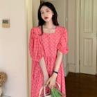Puff-sleeve Heart Embroidered Midi A-line Dress