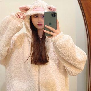 Faux Shearling Pig Zip Hoodie