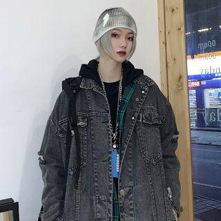 Frayed Denim Oversized Jacket Dark Gray - L