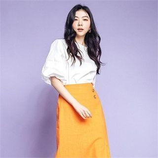 Round-neck Puff-sleeve Top White - One Size