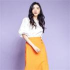 Round-neck Puff-sleeve Top White - One Size