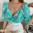 Flower Embroidered Short-sleeve Blouse Blue - One Size