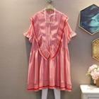 Short-sleeve Stand-collar Ruffle Striped Dress
