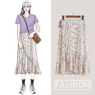 Floral Print Frill Trim Midi A-line Skirt