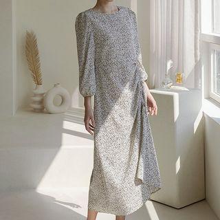 Puff-sleeve Drawstring Maxi Leopard Dress