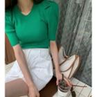 Short-sleeve Ribbed Knit Top Green - One Size