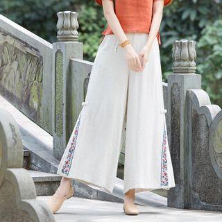 Floral Embroidered Wide Leg Pants Almond - One Size