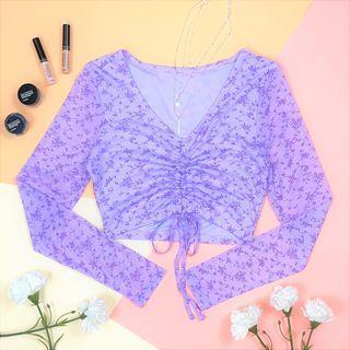 Long-sleeve Floral Print Drawstring Crop Top