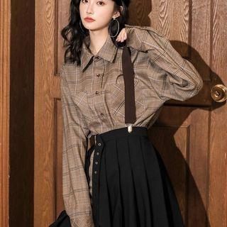 Set:color-block Plaid Shirt + Strap Dress