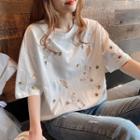 Elbow-sleeve Sequin Embroidered T-shirt
