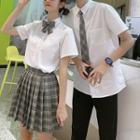 Couple Matching Short-sleeve Shirt / Plaid Mini Pleated Skirt / Tie / Pants / Set
