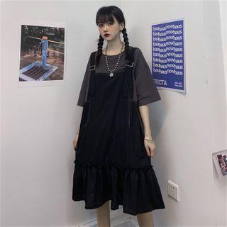 Mock Two Piece A-line Dress Black Gray - One Size