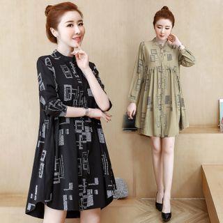 Long-sleeve Lettering Print A-line Shirtdress
