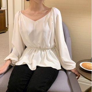 Long Sleeve V-neck Plain Peplum Top White - One Size
