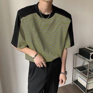 Elbow-sleeve Shoulder Padded Striped T-shirt