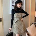 Long-sleeve Turtleneck Top / Sleeveless Plaid Mini Dress
