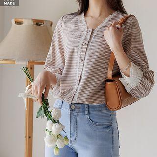V-neck Lace-trim Checked Blouse