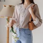 V-neck Lace-trim Checked Blouse