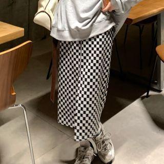 High-waist Plaid Split Skirt Black & White - One Size