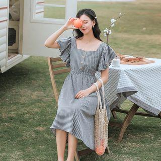 Plaid Square-neck Short-sleeve Midi A-line Dress