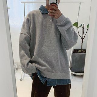Mock Two-piece Denim Long Sleeve Pullover