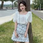 Puff-sleeve Frill Trim Square-neck Blouse / Floral Print A-line Mini Skirt