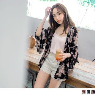 Ruffle Sleeve Lace Trim Floral Chiffon Top