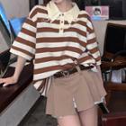Short-sleeve Striped Polo Collar Embroidered T-shirt Stripe - Coffee - One Size