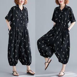 Short-sleeve Printed Jumpsuit Black - One Size
