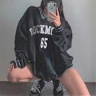 Long Sleeve Contrast-trim V-neck Lettering Loose-fit Sweatshirt