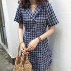 Short-sleeve Double Breasted Plaid Mini Coatdress