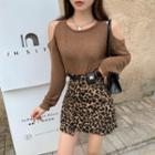 Round-neck Cold Shoulder Sweater / High Waist Leopard Print Asymmetrical Mini Skirt