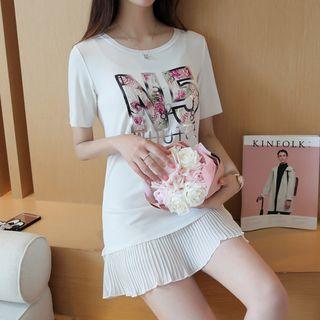 Short Sleeve Crewneck Print Pleated Hem T-shirt Dress