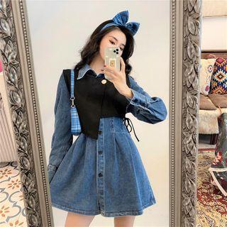 Long-sleeve Denim A-line Dress / Vest