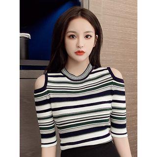 Cold-shoulder Striped Elbow-sleeve Knit Top