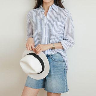 Wide-cuff Seersucker Stripe Shirt