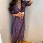 Floral Elbow-sleeve Midi A-line Dress Purple - One Size