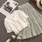 Set: Short-sleeve Frill Trim Blouse + Floral Midi A-line Skirt
