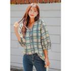 Plus Size 3/4-sleeve Check Blouse