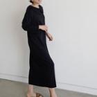 Long-sleeve Linen Midi A-line Shirt Dress Black - One Size