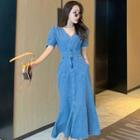 Puff-sleeve Denim Button-up Midi Dress