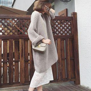 Crew-neck Chunky Knit Long Sweater / Lace Panel Tank Dress / Set