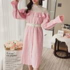 Lace Panel Gingham Long-sleeve A-line Dress With Belt