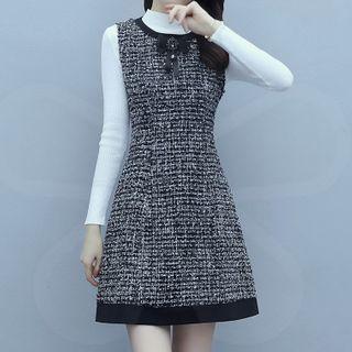 Long-sleeve Plain Top / Sleeveless Bow Contrast Trim Tweed Dress