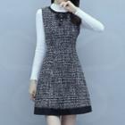 Long-sleeve Plain Top / Sleeveless Bow Contrast Trim Tweed Dress