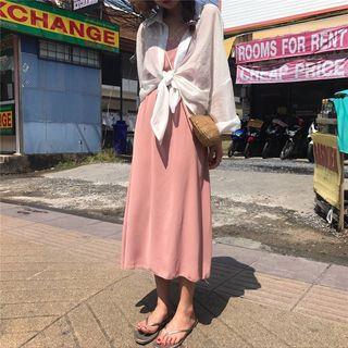 Set : Long-sleeve Blouse + Spaghetti Strap Dress